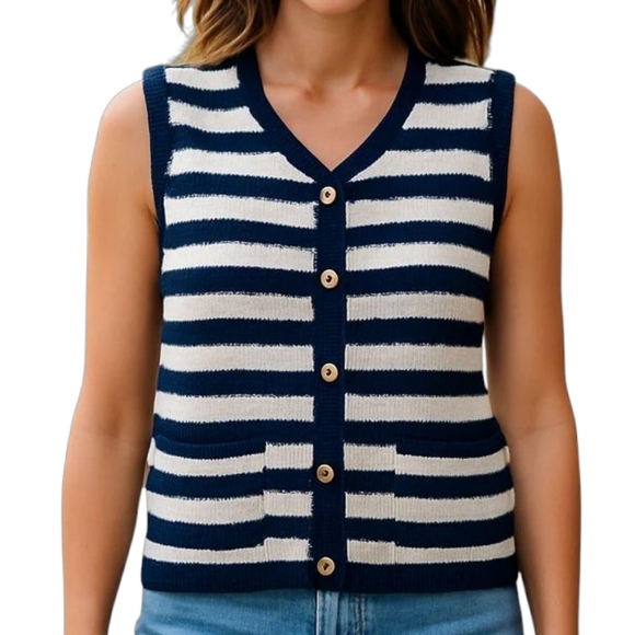 Joie Crochet Knit Vest XL Striped Button Front Top Sleeveless Nautical Preppy - Picture 1 of 14